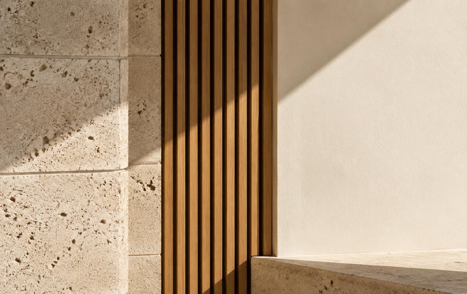 Limestone, oak and warm white material study in Florida sunlight