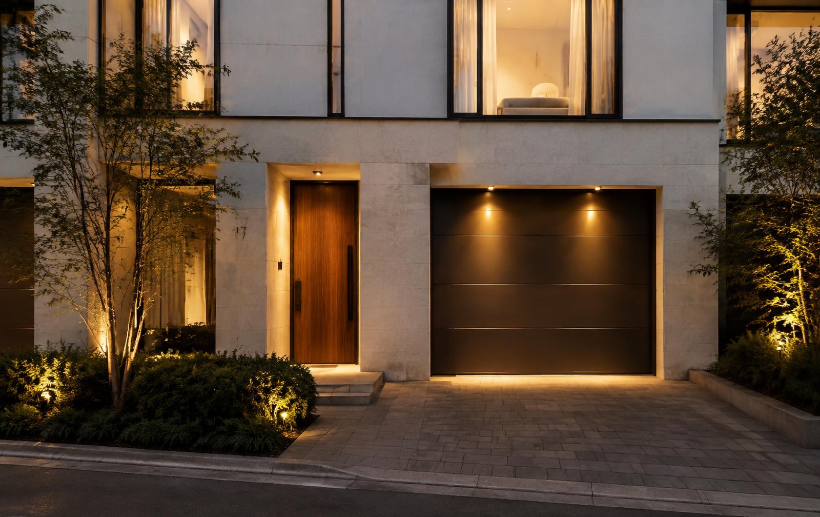 Private entrance and garage of a NOVA residence at dusk